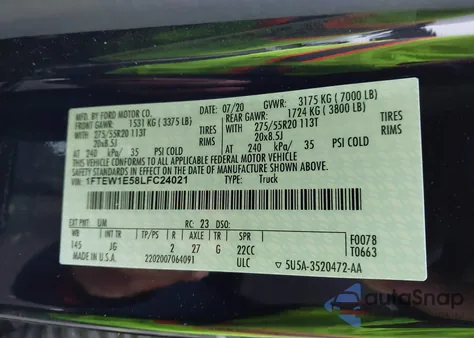 2020 Ford F-150 Xl z USA, uszkodzony, nr VIN 1FTEW1E58LFC24021